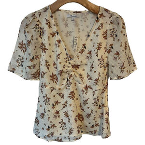 Madewell Blouse Womens Size 00 Silk Short Sleeve Cream Floral Short Sleeve Top